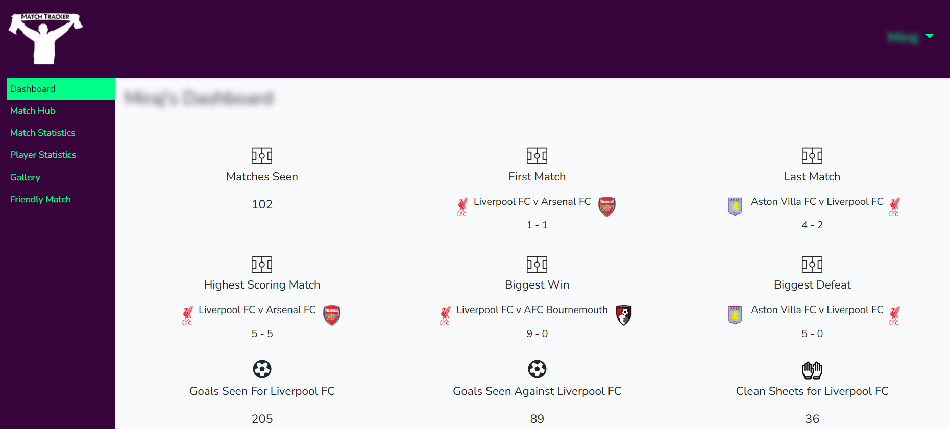 Match Tracker Dashboard Page
